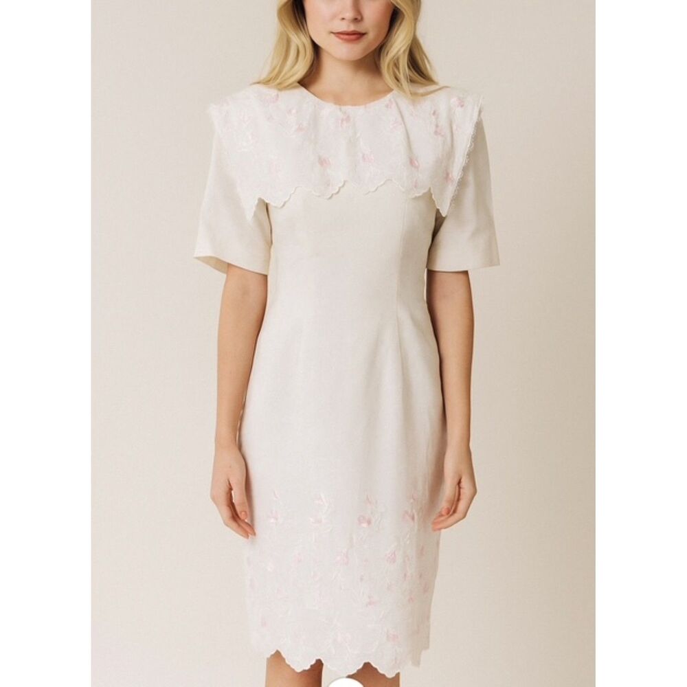 VINTAGE 80s JESSICA MCCLINTOCK WHITE PENCIL DRESS LACE EMBROIDERED BIB COLLAR